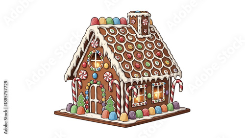 A colorful gingerbread house with candy decorations on a white background from a front viewpoint