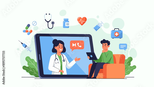 Patient consulting doctor online on a large laptop screen with various medical icons floating around in a modern living room setting