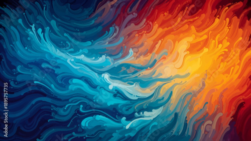 Vibrant abstract swirling patterns of blue, orange, and red hues in a dynamic illustration