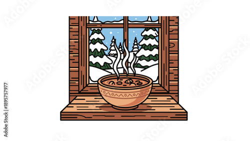 A serene winter scene viewed through a wooden-framed window, with a bowl of burning incense on the sill