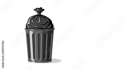 A black trash can with a closed lid is standing alone on a plain white background viewed from the front