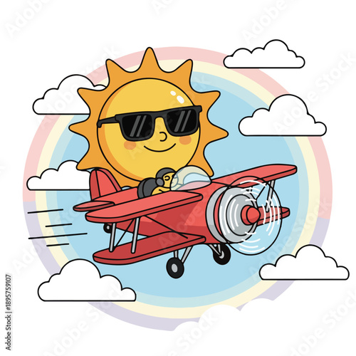 A smiling sun wearing sunglasses flies a red airplane