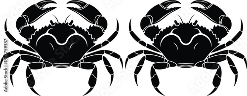 Pair of black crab silhouettes with detailed claws and legs, symmetrical marine animal illustration isolated on white background for seafood, ocean, and wildlife design