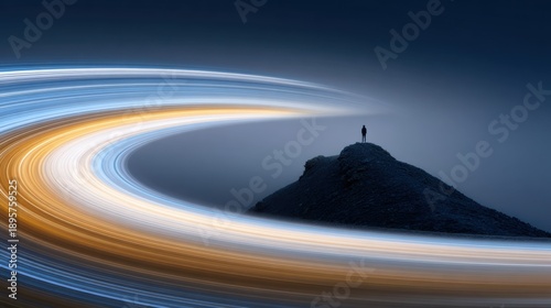 Abstract Mountain Scene with Light Trails – Conceptual Background for business presentation Solo travel human existence