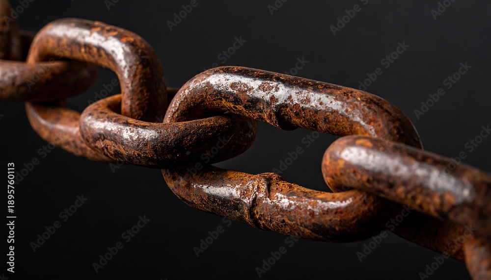 Fototapeta premium Close-up shows a rusty, aged metal chain against a dark backdrop, highlighting texture and corrosion details