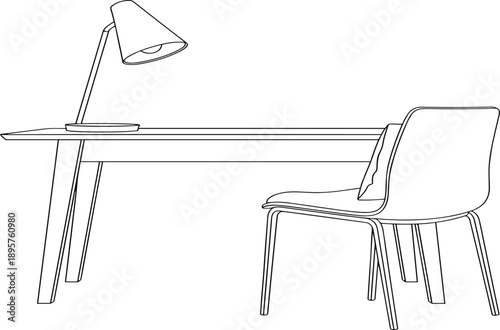 Vector illustration of minimalist workspace with modern desk, angled legs, desk lamp, and cushioned chair in clean layout