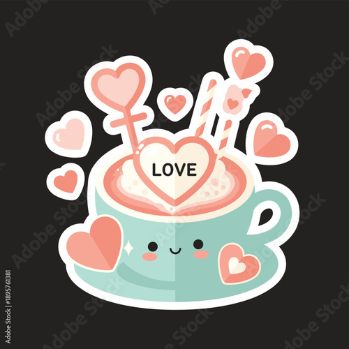Cute cartoon teacup with heart design and love text on frothy drink surrounded by pink hearts on dark background
