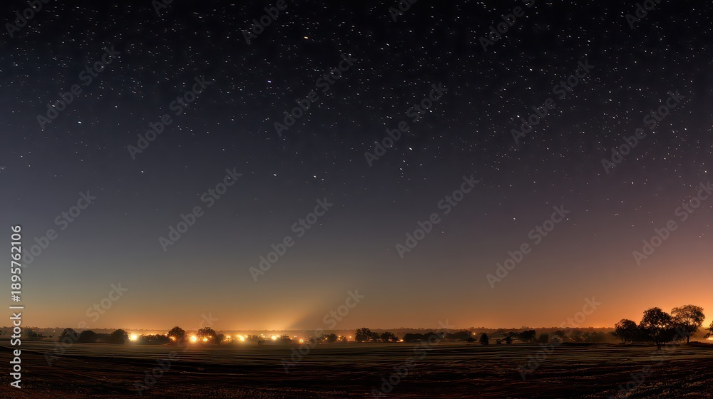 Fototapeta premium Night Sky With Stars Over Dark Field Landscape And Distant City Lights Glowing On Horizon Under Warm Lighting