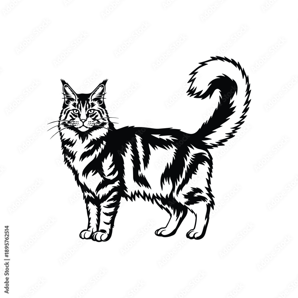 Obraz premium Maine Coon cat illustration, black and white longhair cat art