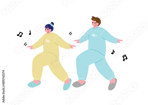 部屋着でスキップするカップル