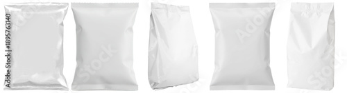Photos collection of blank white foil snack bags or food packaging pouches, presented from multiple angles for mockups