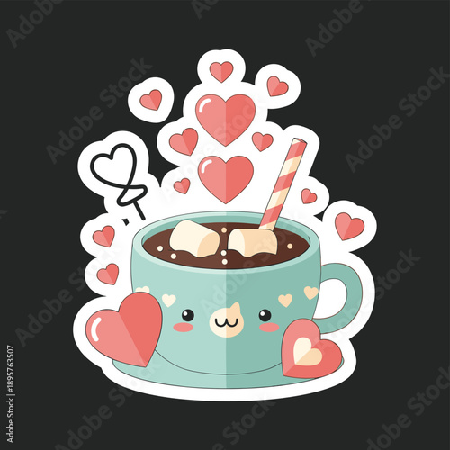 Cute cartoon hot chocolate mug with marshmallows and hearts valentine's day design