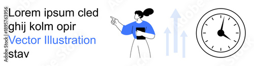 Time management, productivity, growth strategy, planning, corporate roles, task scheduling. Woman pointing with arrows and clock visual. Time management and productivity concept