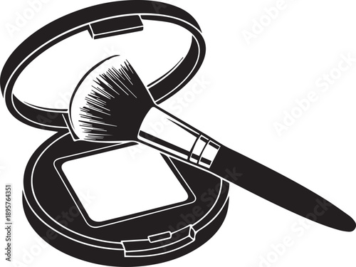 Black and white of an open compact powder case with a makeup brush open case cosmetic beauty