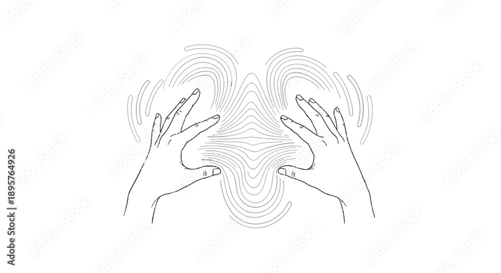 Naklejka premium Minimalist line art illustration of hands interacting with abstract waves.