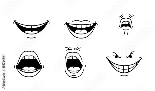 Cartoon Mouth Expression Doodle Icon Set with Hand-Drawn Comic Faces