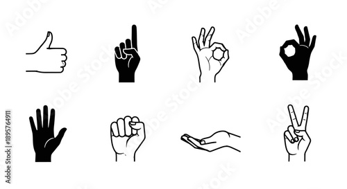 Hand Gestures and Signs in Simple Line Art.