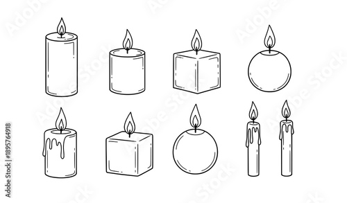 Hand-Drawn Candle Doodle Icon Set with Burning Wax Candles Vector