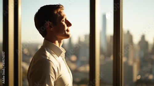 Professional man in white shirt reflects on future success, bathed in warm morning light overlooking the city