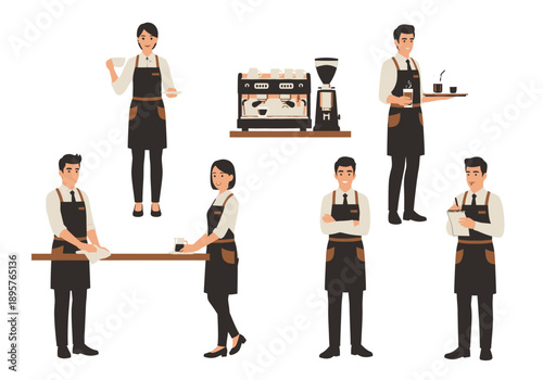 Baristas working together in a modern coffee shop, standing and interacting, preparing drinks and food, surrounded by coffee machines and equipment, viewed from the front.
