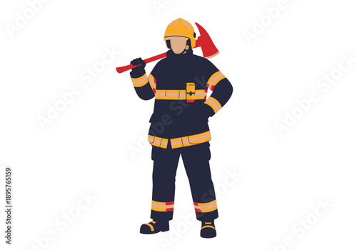 Firefighter standing confidently holding an axe, illustration, emergency services, safety, rescue