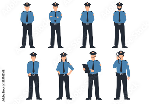 Group of diverse police officers standing in various poses and uniforms on white background from different viewpoints