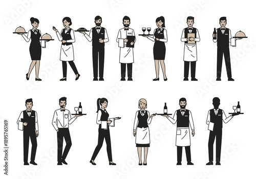 Diverse group of waiters and waitresses serving food and drinks from various viewpoints