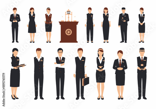 Diverse group of business professionals gathered around a podium, standing confidently in formal attire