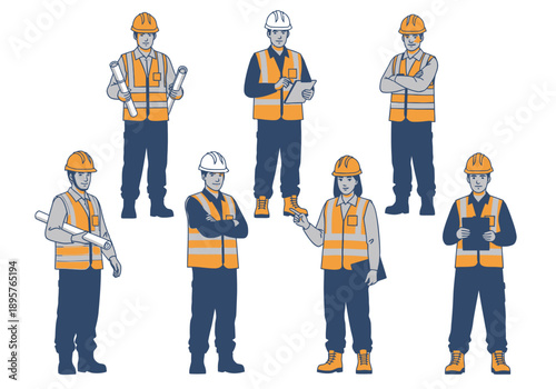 Group of construction workers in safety gear standing in various poses on a white background from different viewpoints