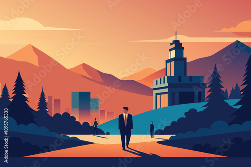 Silhouettes of people in mountains and city at sunset and sunrise
