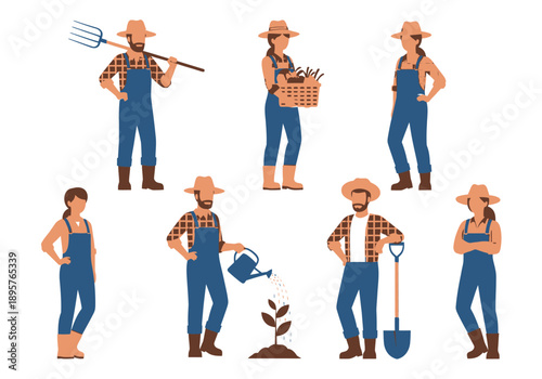 Group of farmers working together in a field, cultivating crops from various viewpoints