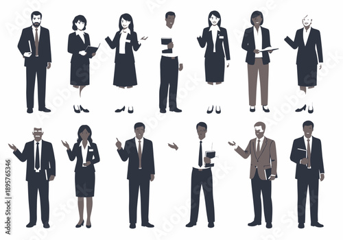 Diverse group of business professionals in various poses and actions, showcasing different occupations and gestures in a flat illustration style.