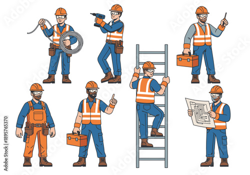 Construction workers in safety gear performing various tasks on a site, viewed from multiple angles.