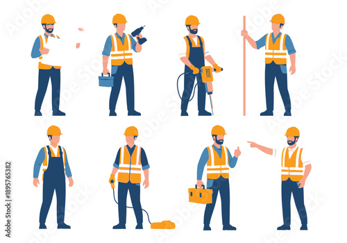 Collection of construction workers in safety gear performing various tasks on a building site viewed from above.