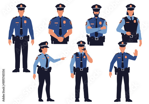 Diverse group of police officers in uniform standing and communicating in various poses and gestures