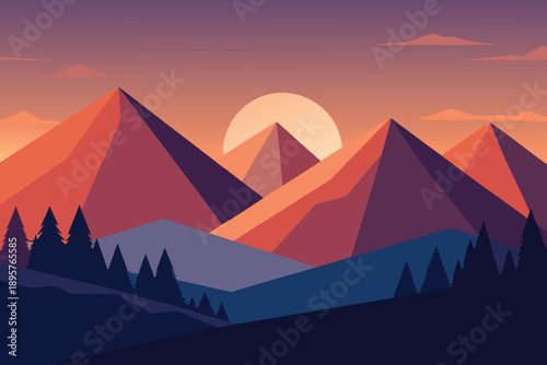 Sunset over Egyptian mountains and pyramids in a vector landscape