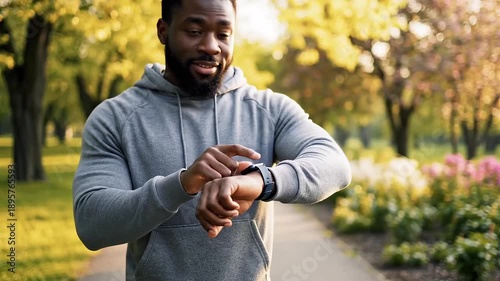 Focused man tracks his fitness progress on a smartwatch during an energizing morning walk in a serene park setting