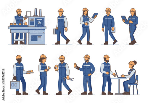 A series of illustrations showcasing a worker in various industrial settings and tasks