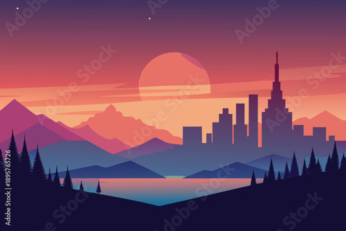 City skyline at sunrise and sunset with orange sky and silhouetted buildings