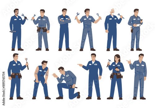 Technicians in blue uniforms posing with tools in various stances on a white background from different viewpoints