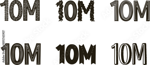Different styles and designs of 10m text and numbers in various fonts and font styles on white background