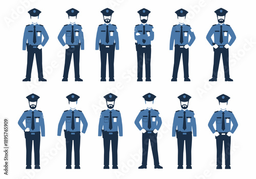 Collection of diverse male police officers standing in uniform, showcasing various poses and facial expressions from a front viewpoint