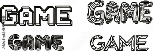 Four different game text graphics with unique decorative styles and fonts for titles and headings  various design elements