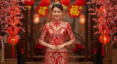 Woman in Traditional Chinese Wedding Dress.