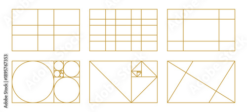 Golden ratio simple template. Fibonacci array, numbers forms. Big set of golden section method samples.