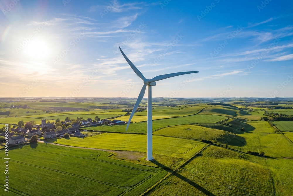 Obraz premium Large white wind turbine tower standing on green agricultural farmland under blue summer sky