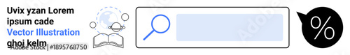 Data analysis, web search, online education, content discovery, user interface design, e-learning. Minimal search bar with icons search, knowledge and percentages. Data analysis and web search
