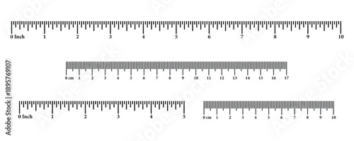 Vector ruler set with metric and imperial scales, centimeter, millimeter, and inch divisions. Precision measuring tool illustration for drafting etc.