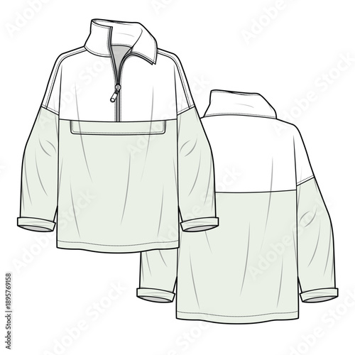 Half zip jacket technical flat drawing vector mockup illustration.