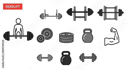 Deadlift Icons: Weightlifting Equipment, Barbells, Dumbbells, Kettlebells, Bicep
